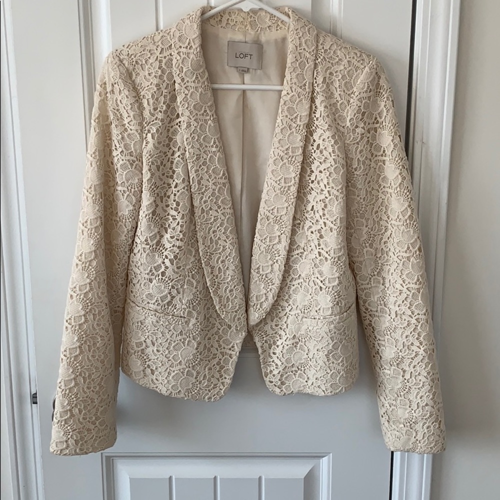 LOFT cream flower lace open blazer
